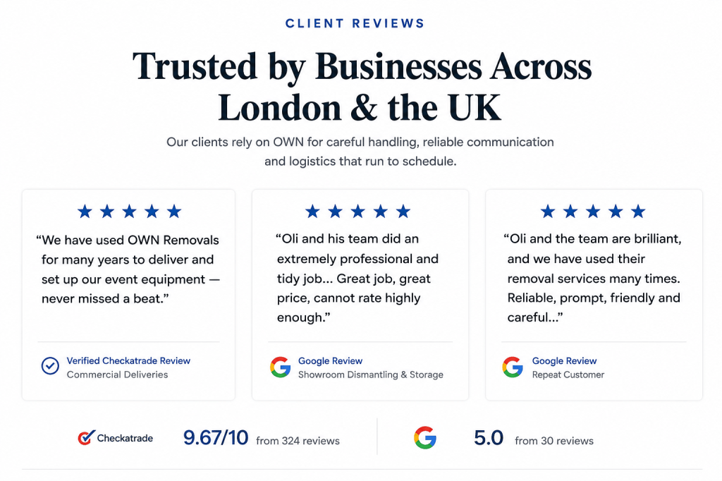 OWN Transport & Logistics client reviews for commercial moves, event logistics and storage services across London and the UK